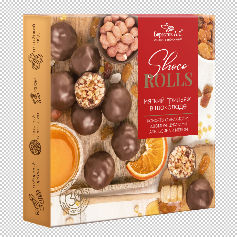  Берестов Shoco Rolls конфеты с арахисом, изюмом, цукатами апельсина и медом,  135г в Подольске